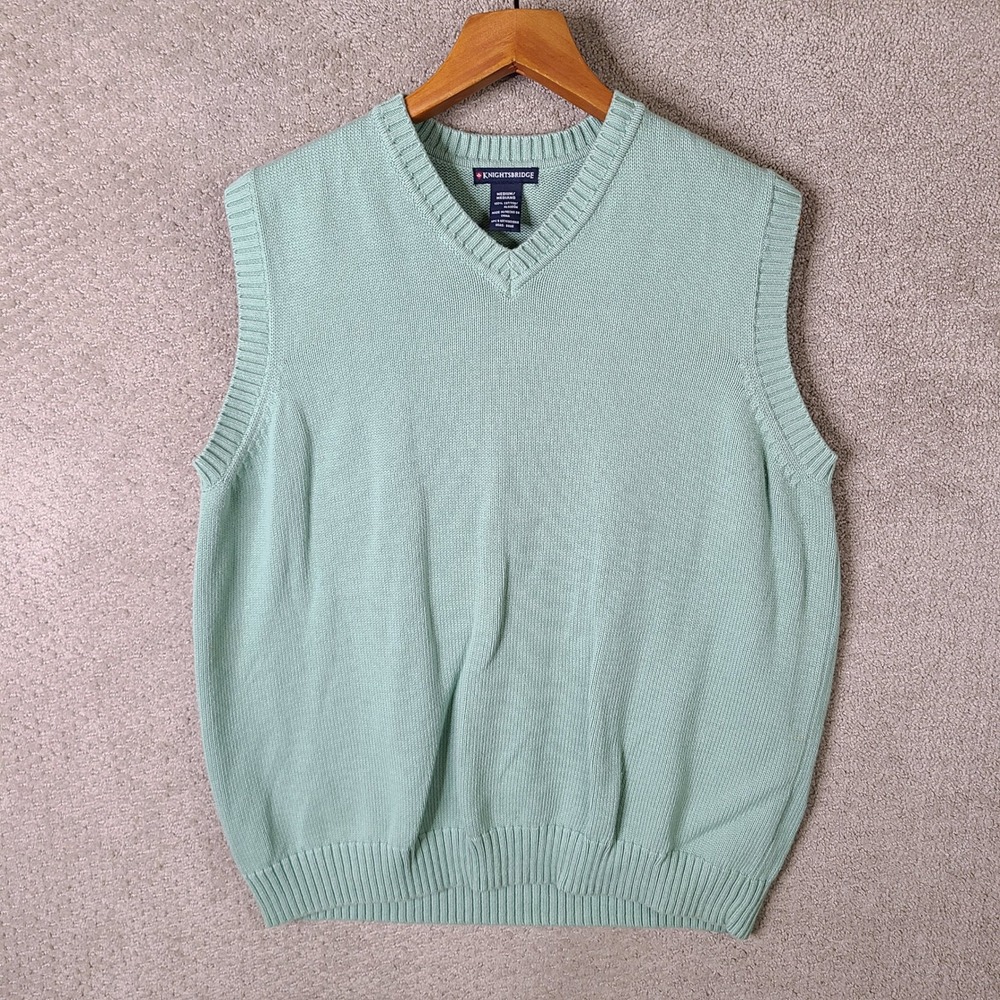 Knightsbridge Sweater Vest Mens XL Green V-Neck Mint Cotton Golf Casual Knit‎